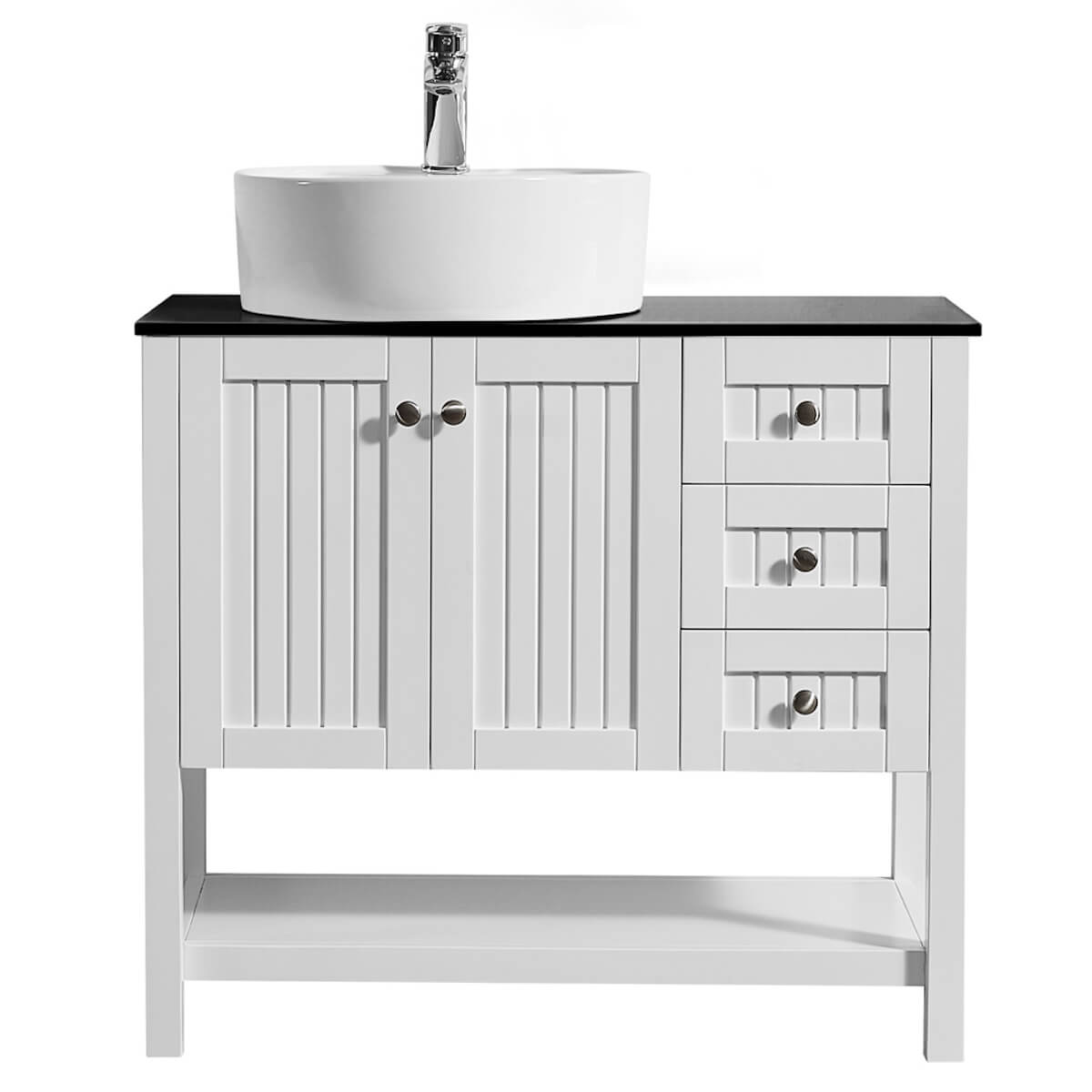 Vinnova Modena 36” White Freestanding Single Vanity with Glass Countertop and White Vessel Sink Without Mirror 756036-WH-BG-NM