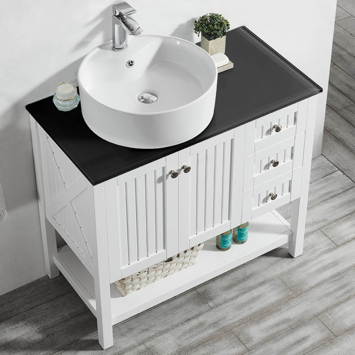 Vinnova Modena 36” White Freestanding Single Vanity with Glass Countertop and White Vessel Sink Without Mirror Countertop and Sink 756036-WH-BG-NM