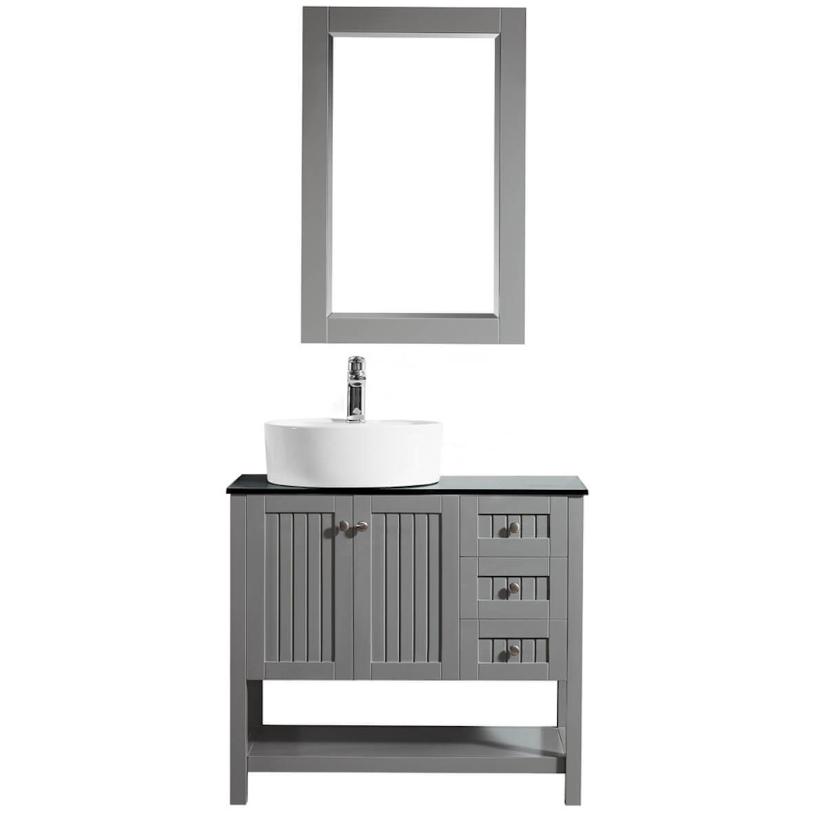 Vinnova Modena 36” Grey Freestanding Single Vanity with Glass Countertop and White Vessel Sink With Mirror 756036-GR-BG