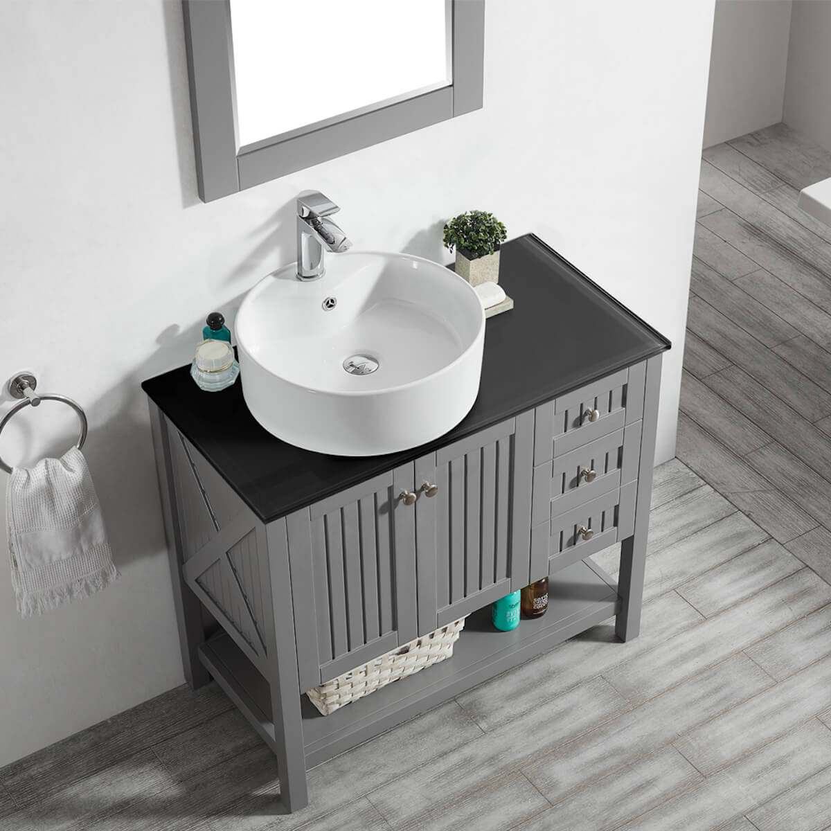 Vinnova Modena 36” Grey Freestanding Single Vanity with Glass Countertop and White Vessel Sink With Mirror Counter and Sink 756036-GR-BG