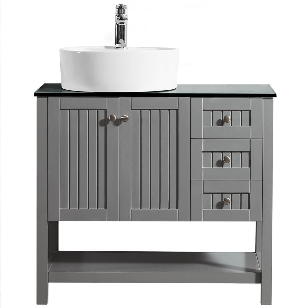 Vinnova Modena 36” Grey Freestanding Single Vanity with Glass Countertop and White Vessel Sink Without Mirror 756036-GR-BG-NM