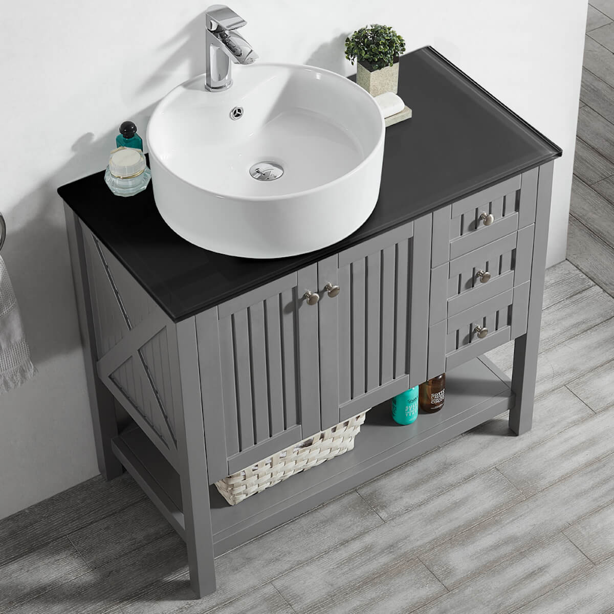 Vinnova Modena 36” Grey Freestanding Single Vanity with Glass Countertop and White Vessel Sink Without Mirror Counter and Sink 756036-GR-BG-NM