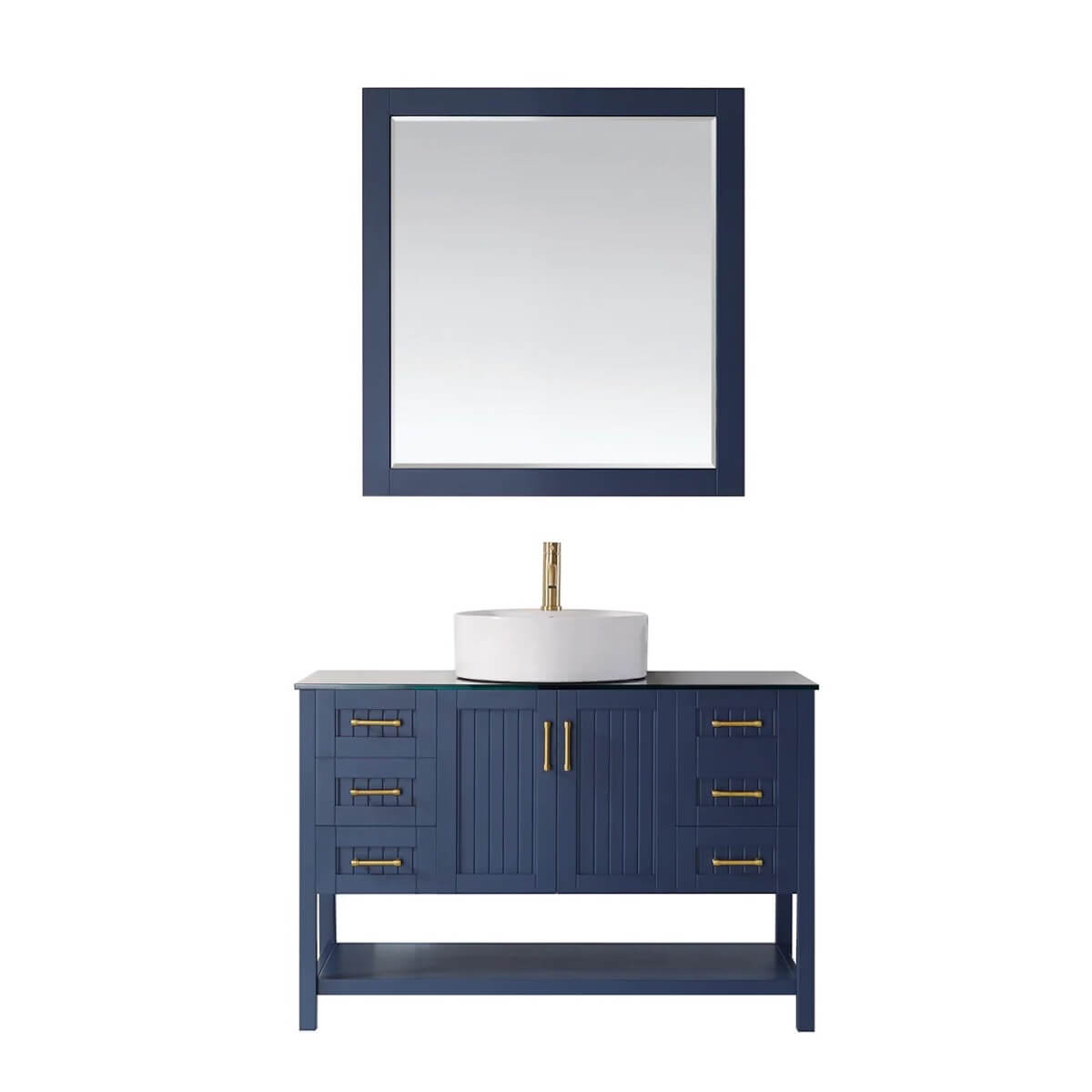 Vinnova Modena 48 Inch Royal Blue Freestanding Single Vanity with Glass Countertop and White Vessel Sink With Mirror 756048-RB-BG