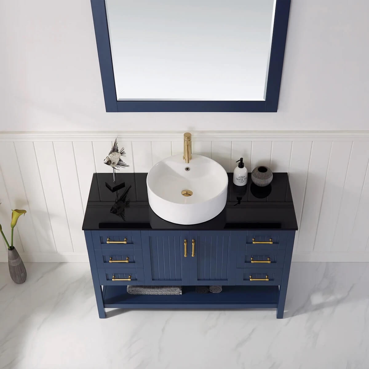 Vinnova Modena 48 Inch Royal Blue Freestanding Single Vanity with Glass Countertop and White Vessel Sink With Mirror Counter 756048-RB-BG