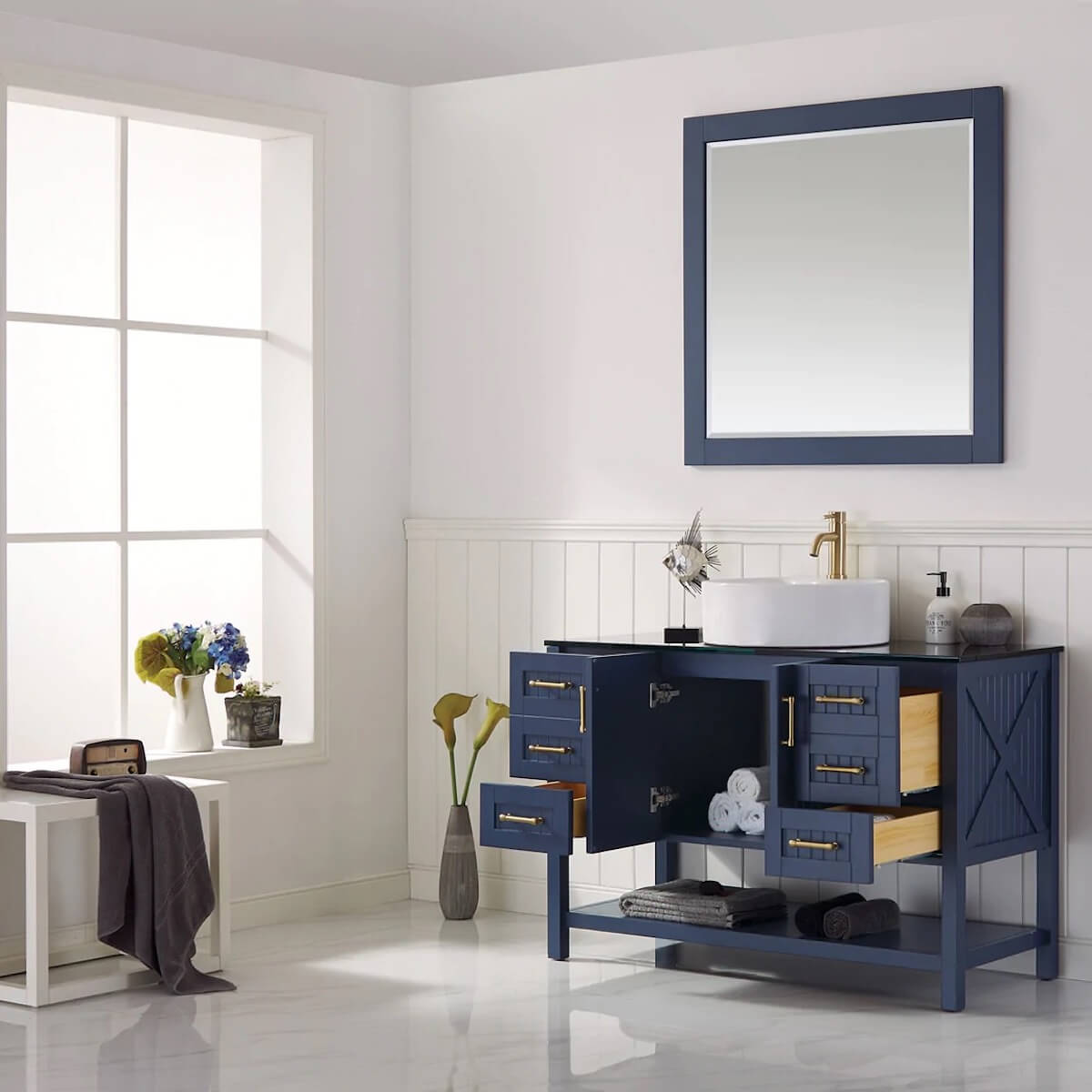 Vinnova Modena 48 Inch Royal Blue Freestanding Single Vanity with Glass Countertop and White Vessel Sink With Mirror Inside 756048-RB-BG