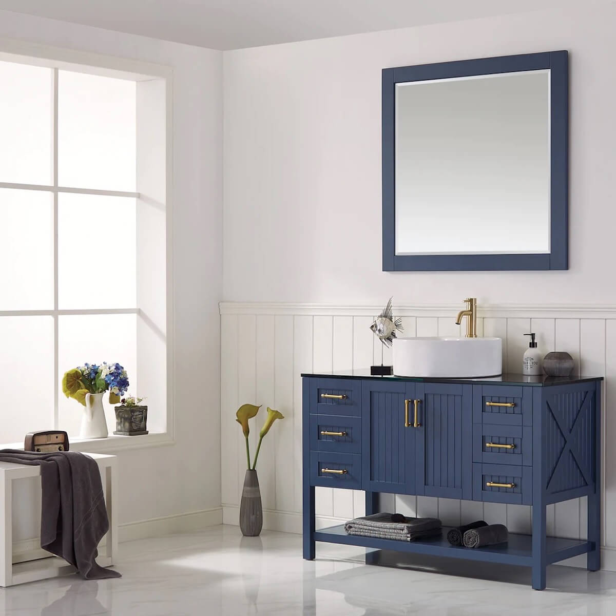 Vinnova Modena 48 Inch Royal Blue Freestanding Single Vanity with Glass Countertop and White Vessel Sink With Mirror Side 756048-RB-BG