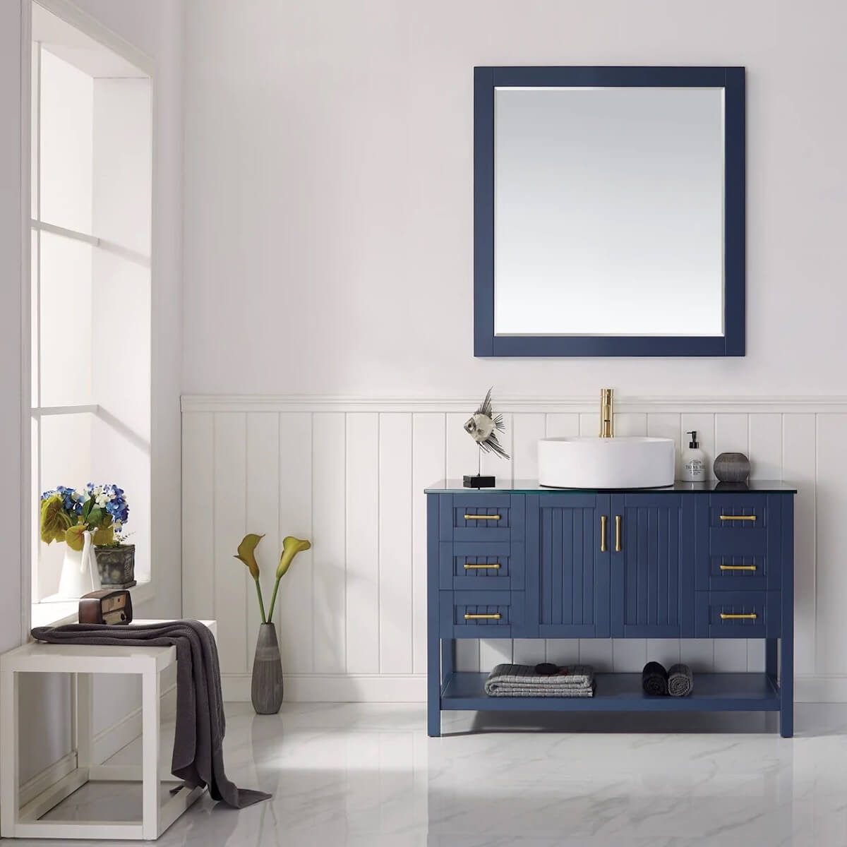 Vinnova Modena 48 Inch Royal Blue Freestanding Single Vanity with Glass Countertop and White Vessel Sink With Mirror in Bathroom 756048-RB-BG