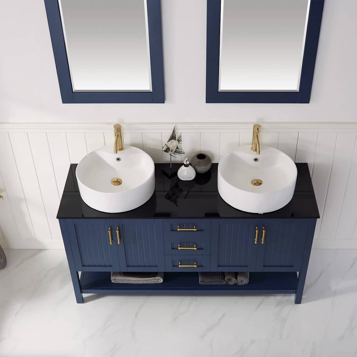 Vinnova Modena 60 Inch Royal Blue Freestanding Double Vanity with Glass Countertop and White Vessel Sink With Mirror Counter 756060-RB-BG #mirror_with mirror