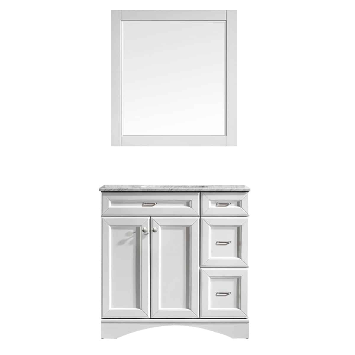 Vinnova Naples 36” White Single Freestanding Vanity with Carrara White Marble Countertop With Mirror 710036-WH-CA