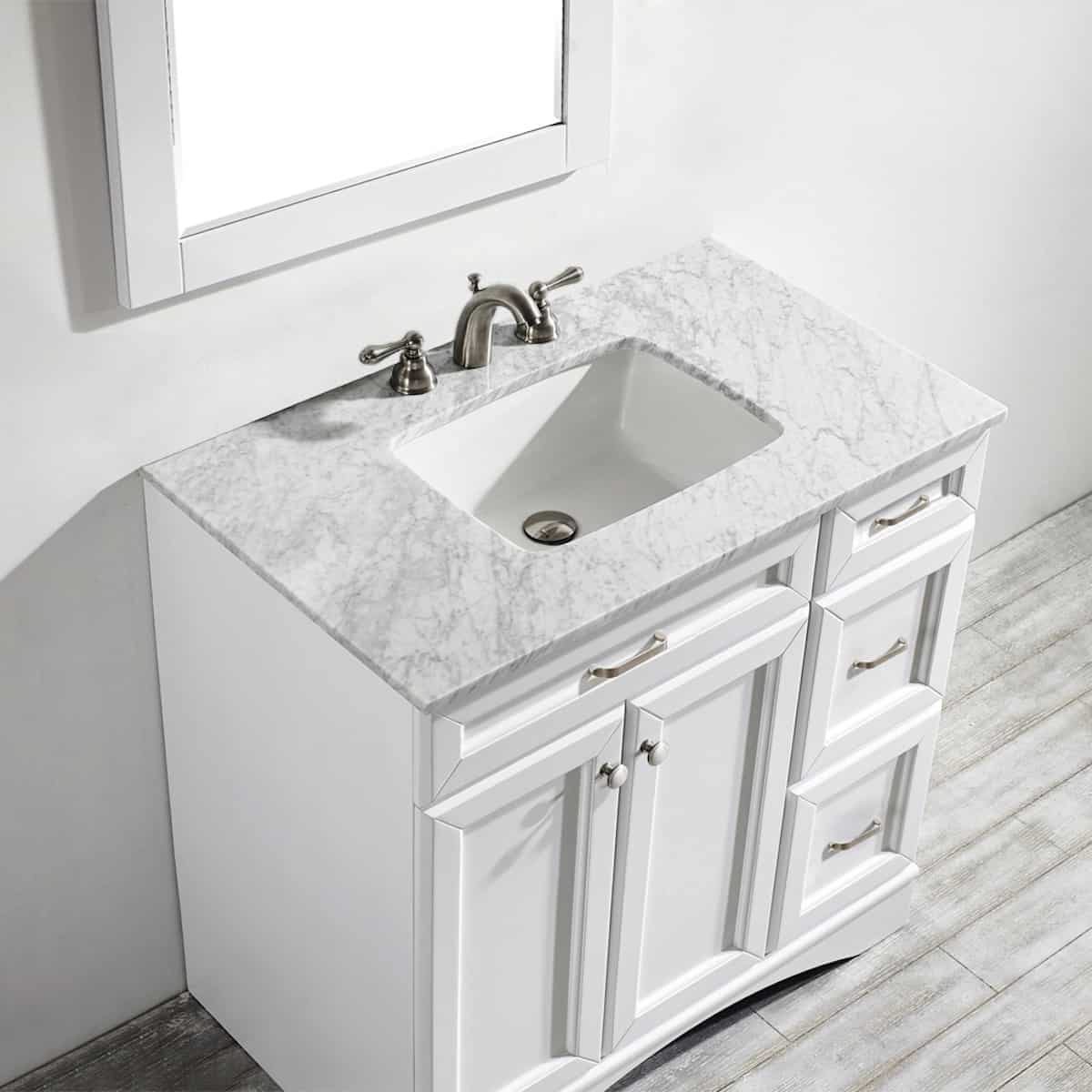 Vinnova Naples 36” White Single Freestanding Vanity with Carrara White Marble Countertop With Mirror Counter 710036-WH-CA