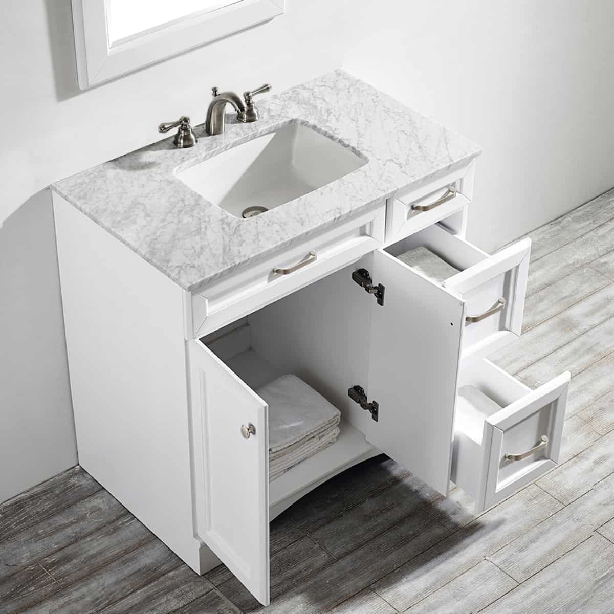 Vinnova Naples 36” White Single Freestanding Vanity with Carrara White Marble Countertop With Mirror Inside 710036-WH-CA