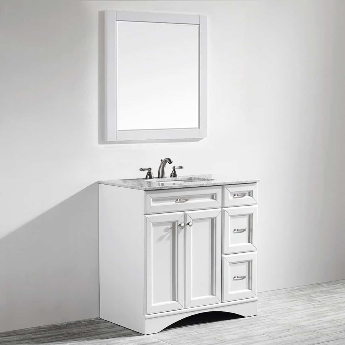 Vinnova Naples 36” White Single Freestanding Vanity with Carrara White Marble Countertop With Mirror Left Side 710036-WH-CA