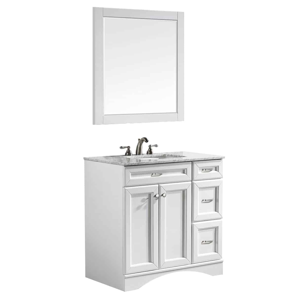 Vinnova Naples 36” White Single Freestanding Vanity with Carrara White Marble Countertop With Mirror Side 710036-WH-CA