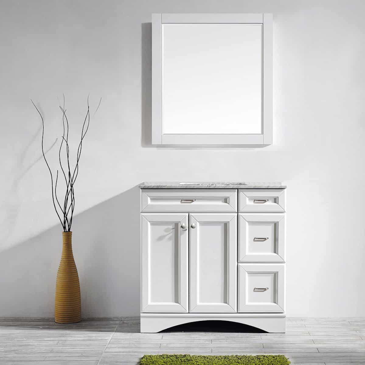 Vinnova Naples 36” White Single Freestanding Vanity with Carrara White Marble Countertop With Mirror in Bathroom 710036-WH-CA
