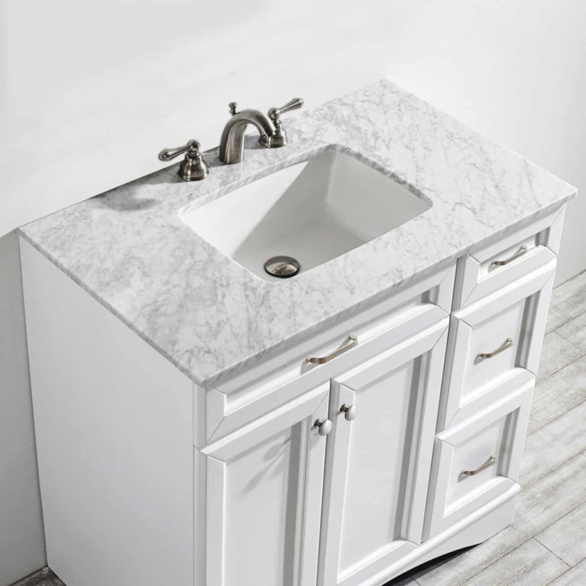 Vinnova Naples 36” White Single Freestanding Vanity with Carrara White Marble Countertop Without Mirror Countertop 710036-WH-CA-NM