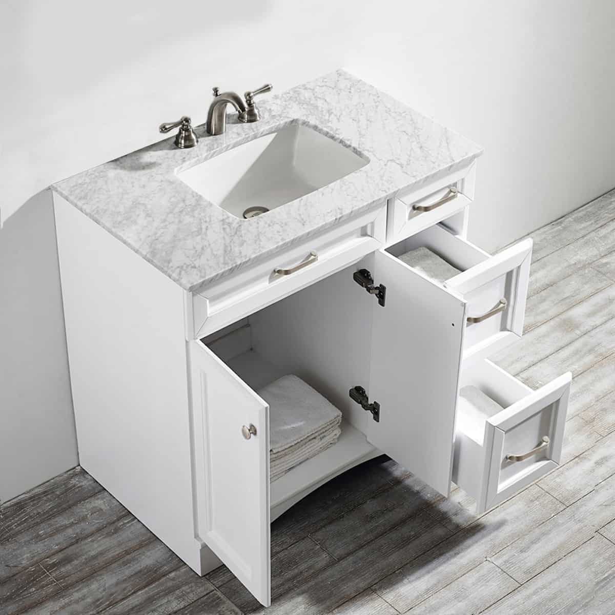 Vinnova Naples 36” White Single Freestanding Vanity with Carrara White Marble Countertop Without Mirror Inside 710036-WH-CA-NM