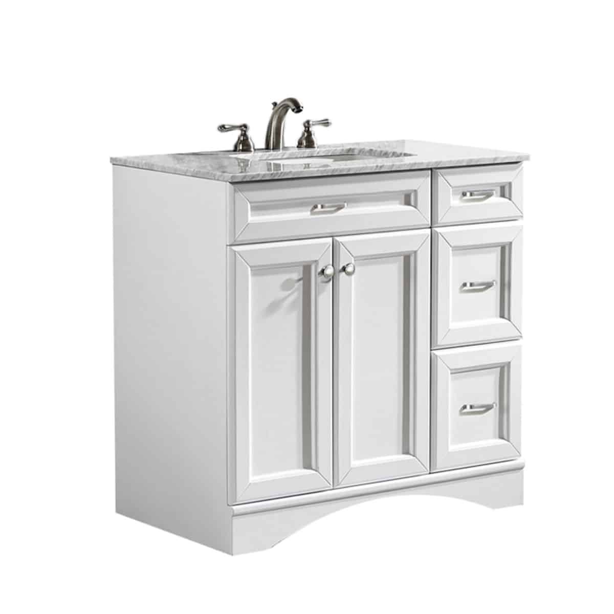 Vinnova Naples 36” White Single Freestanding Vanity with Carrara White Marble Countertop Without Mirror Side 710036-WH-CA-NM