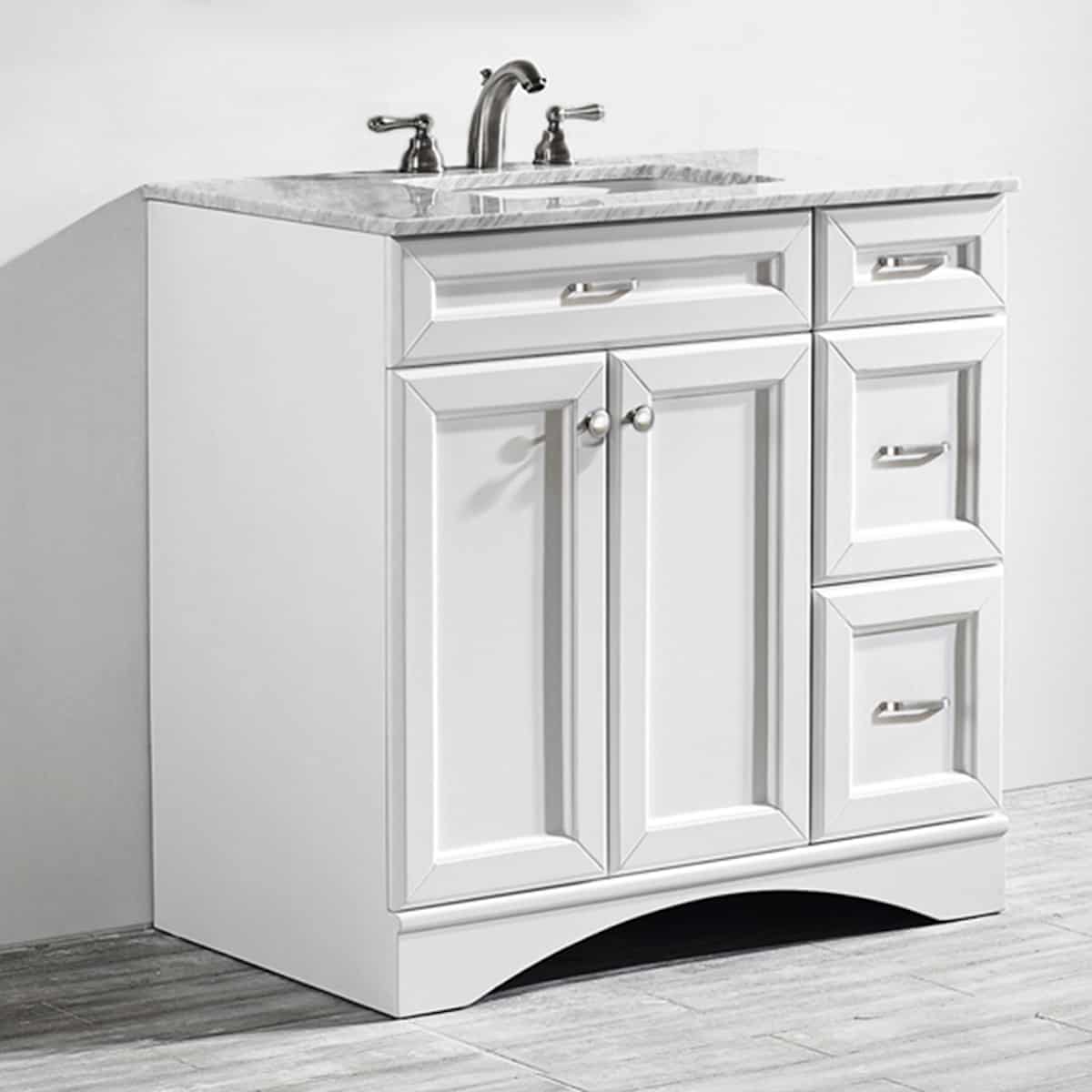 Vinnova Naples 36” White Single Freestanding Vanity with Carrara White Marble Countertop Without Mirror Left Side 710036-WH-CA-NM