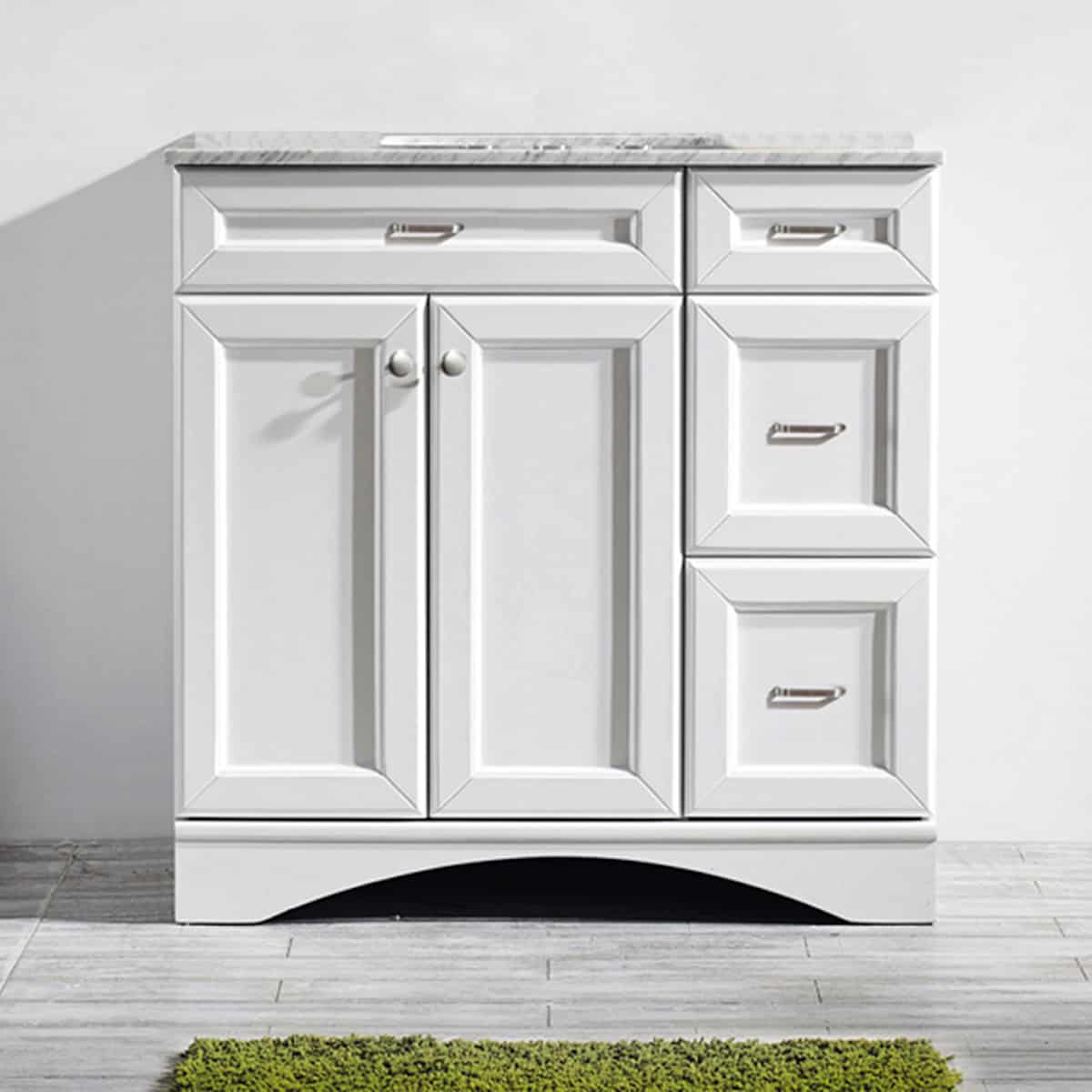 Vinnova Naples 36” White Single Freestanding Vanity with Carrara White Marble Countertop Without Mirror in Bathroom 710036-WH-CA-NM