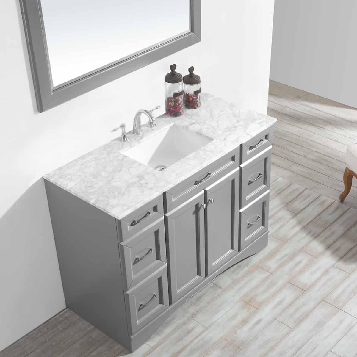 Vinnova Naples 48 Inch Grey Single Freestanding Vanity with Carrara White Marble Countertop With Mirror Counter 710048-GR-CA