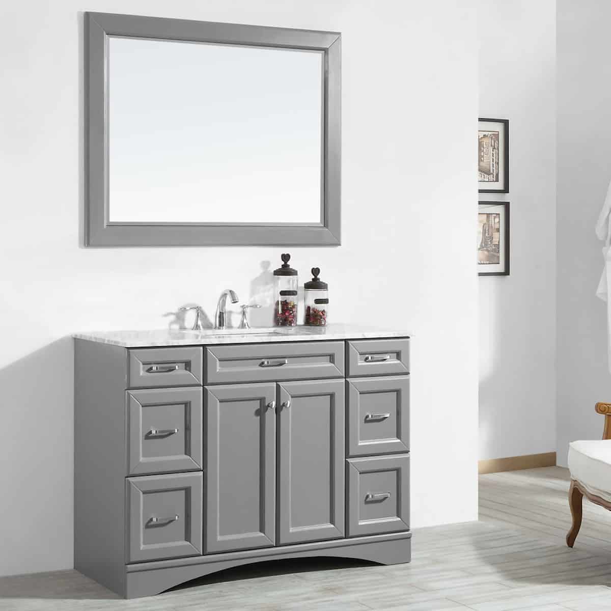 Vinnova Naples 48 Inch Grey Single Freestanding Vanity with Carrara White Marble Countertop With Mirror Left Side 710048-GR-CA
