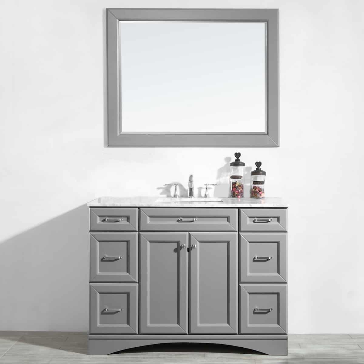 Vinnova Naples 48 Inch Grey Single Freestanding Vanity with Carrara White Marble Countertop With Mirror in Bathroom 710048-GR-CA