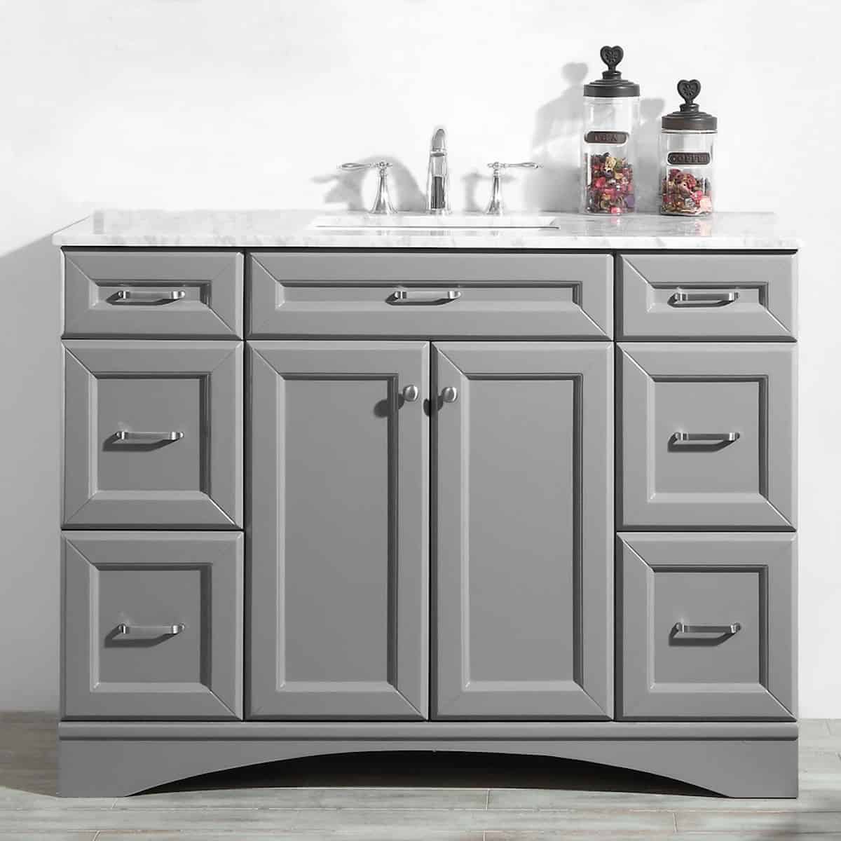 Vinnova Naples 48 Inch Grey Single Freestanding Vanity with Carrara White Marble Countertop Without Mirror in Bathroom 710048-GR-CA-NM