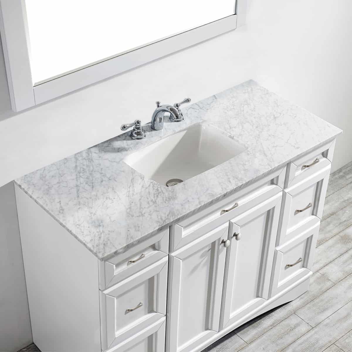 Vinnova Naples 48 Inch White Single Freestanding Vanity with Carrara White Marble Countertop With Mirror Counter 710048-WH-CA