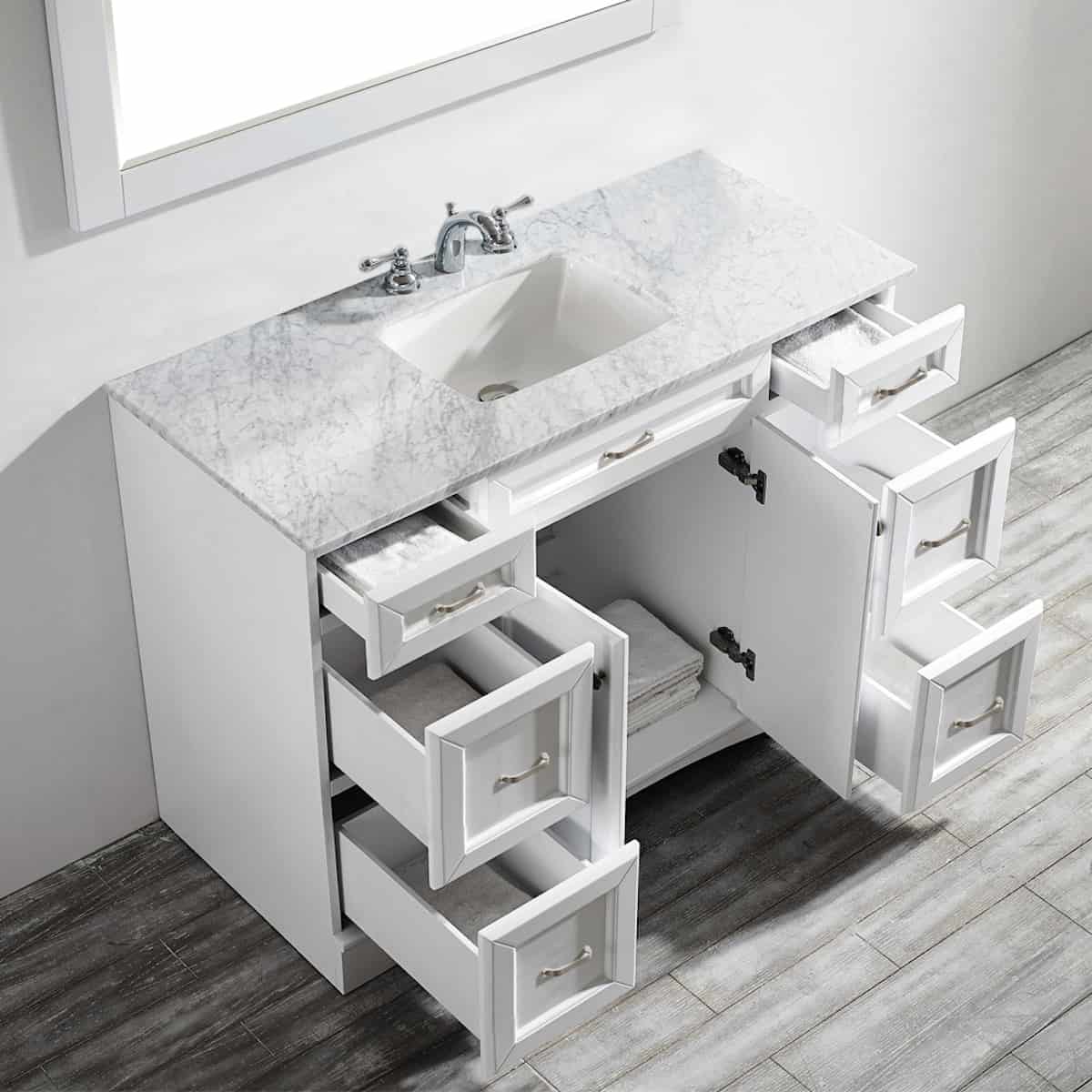 Vinnova Naples 48 Inch White Single Freestanding Vanity with Carrara White Marble Countertop With Mirror Inside 710048-WH-CA