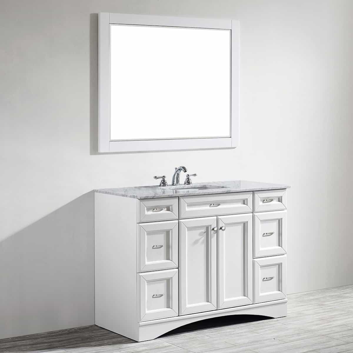 Vinnova Naples 48 Inch White Single Freestanding Vanity with Carrara White Marble Countertop With Mirror Left Side 710048-WH-CA