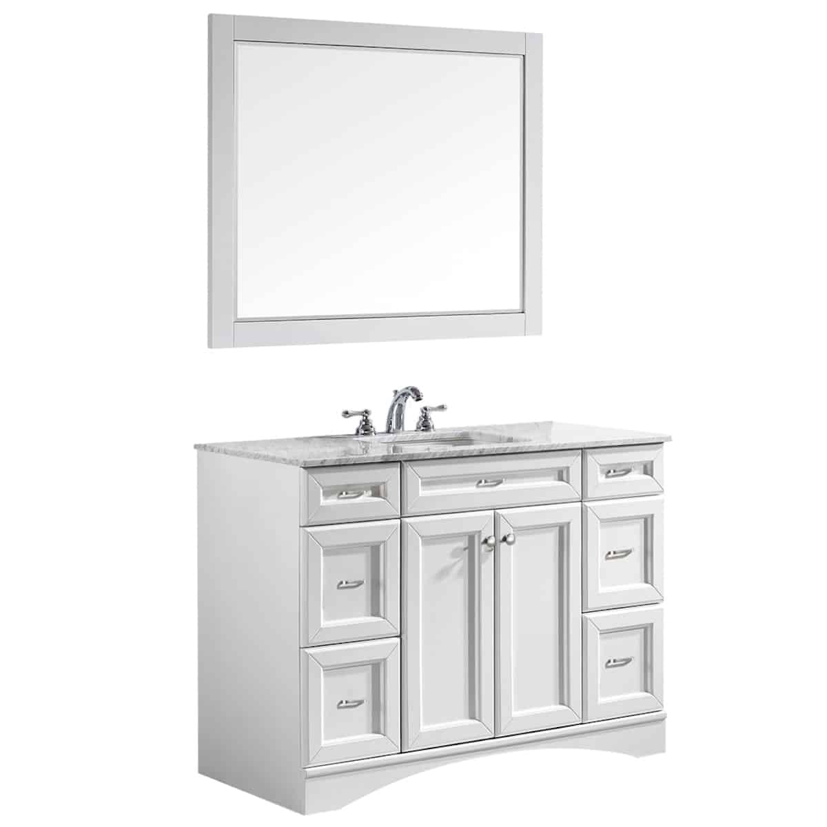 Vinnova Naples 48 Inch White Single Freestanding Vanity with Carrara White Marble Countertop With Mirror Side 710048-WH-CA