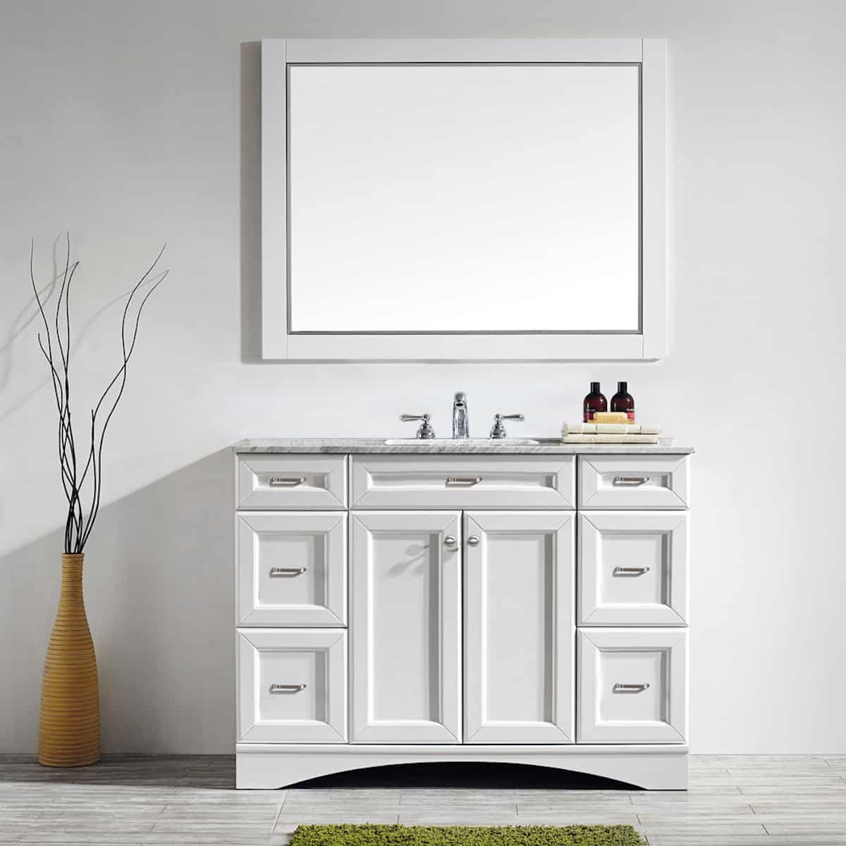 Vinnova Naples 48 Inch White Single Freestanding Vanity with Carrara White Marble Countertop With Mirror in Bathroom 710048-WH-CA