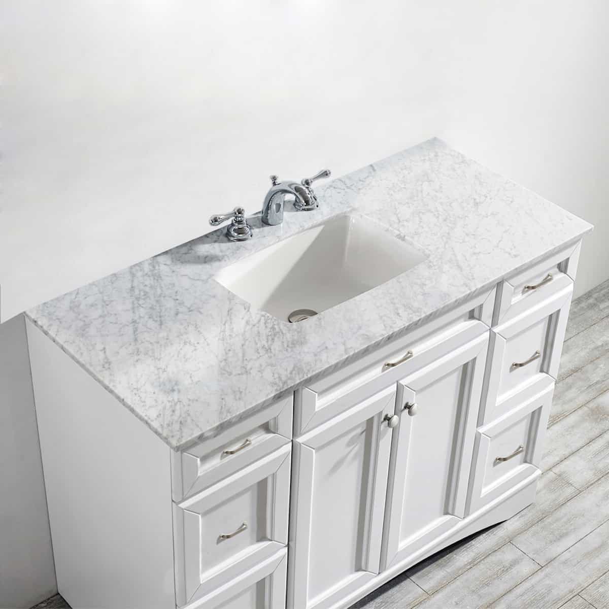 Vinnova Naples 48” White Single Freestanding Vanity with Carrara White Marble Countertop Without Mirror Counter 710048-WH-CA-NM