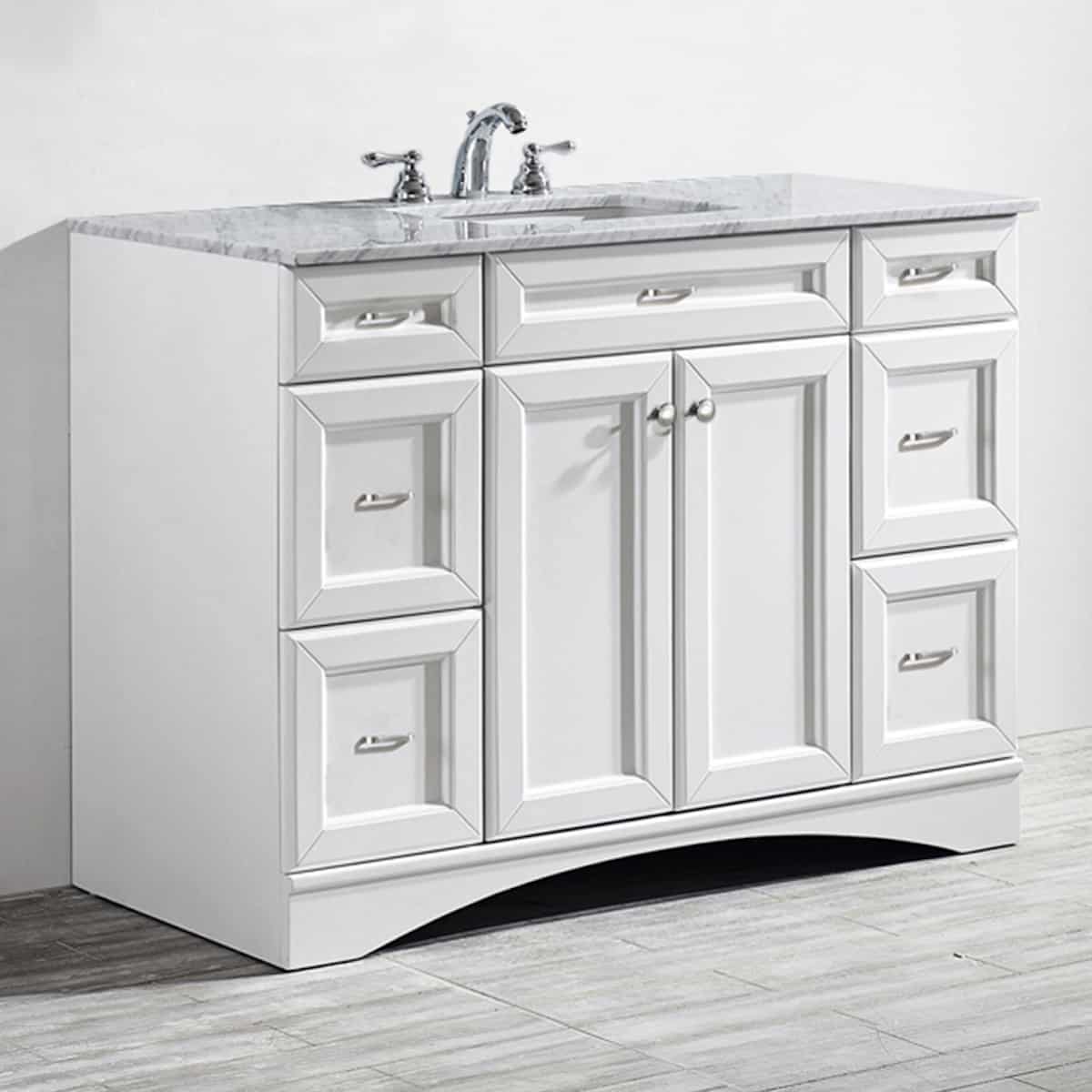 Vinnova Naples 48” White Single Freestanding Vanity with Carrara White Marble Countertop Without Mirror Left Side 710048-WH-CA-NM