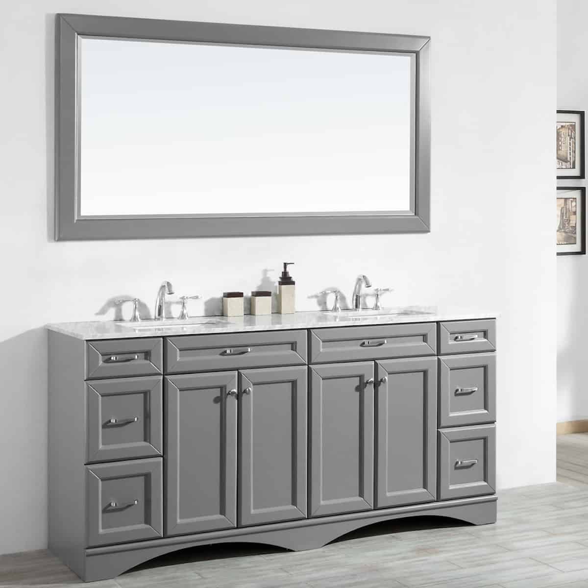 Vinnova Naples 72 Inch Grey Freestanding Double Vanity with Carrara White Marble Countertop With Mirror Left Side 710072-GR-CA