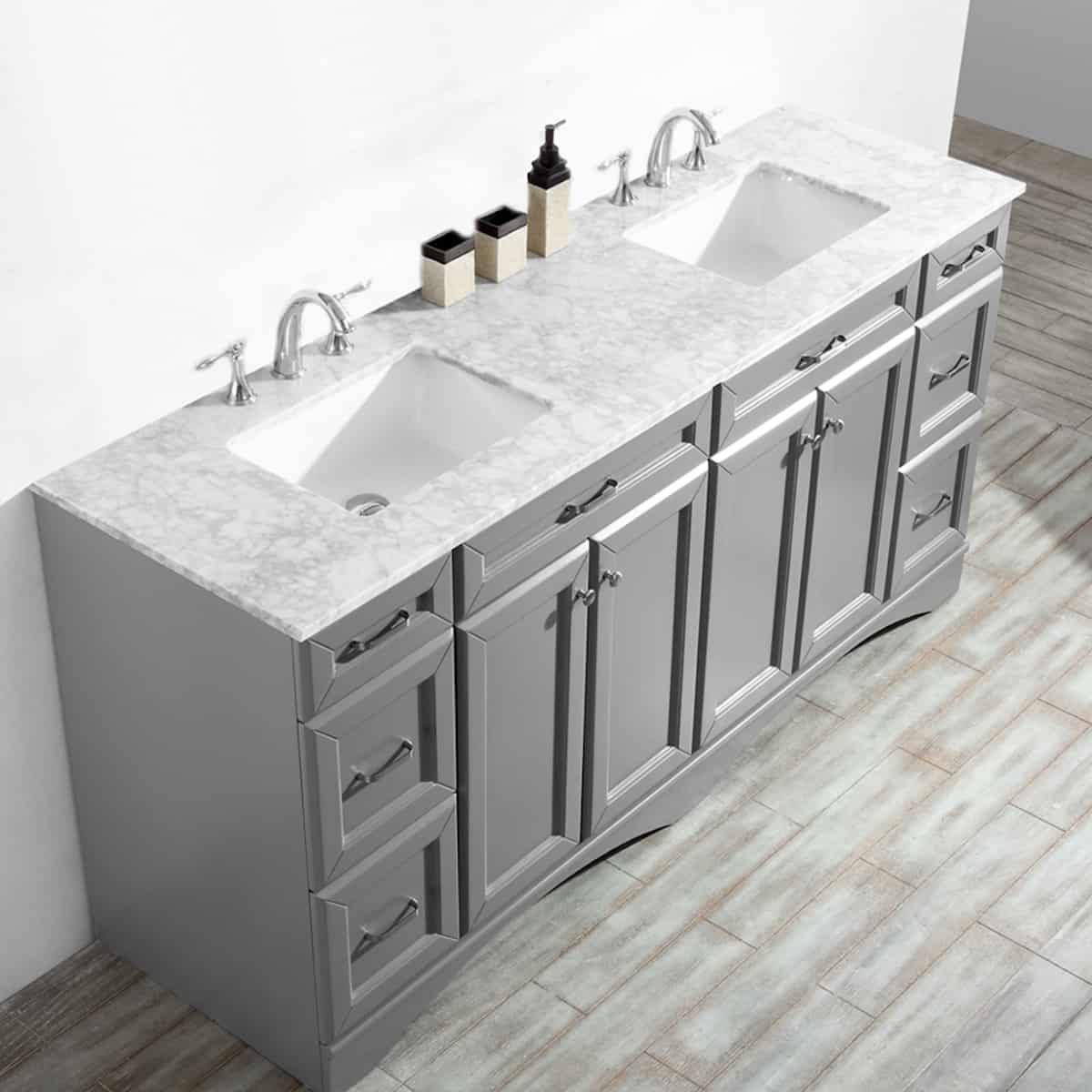 Vinnova Naples 72 Inch Grey Freestanding Double Vanity with Carrara White Marble Countertop Without Mirror Counter and Sinks 710072-GR-CA-NM