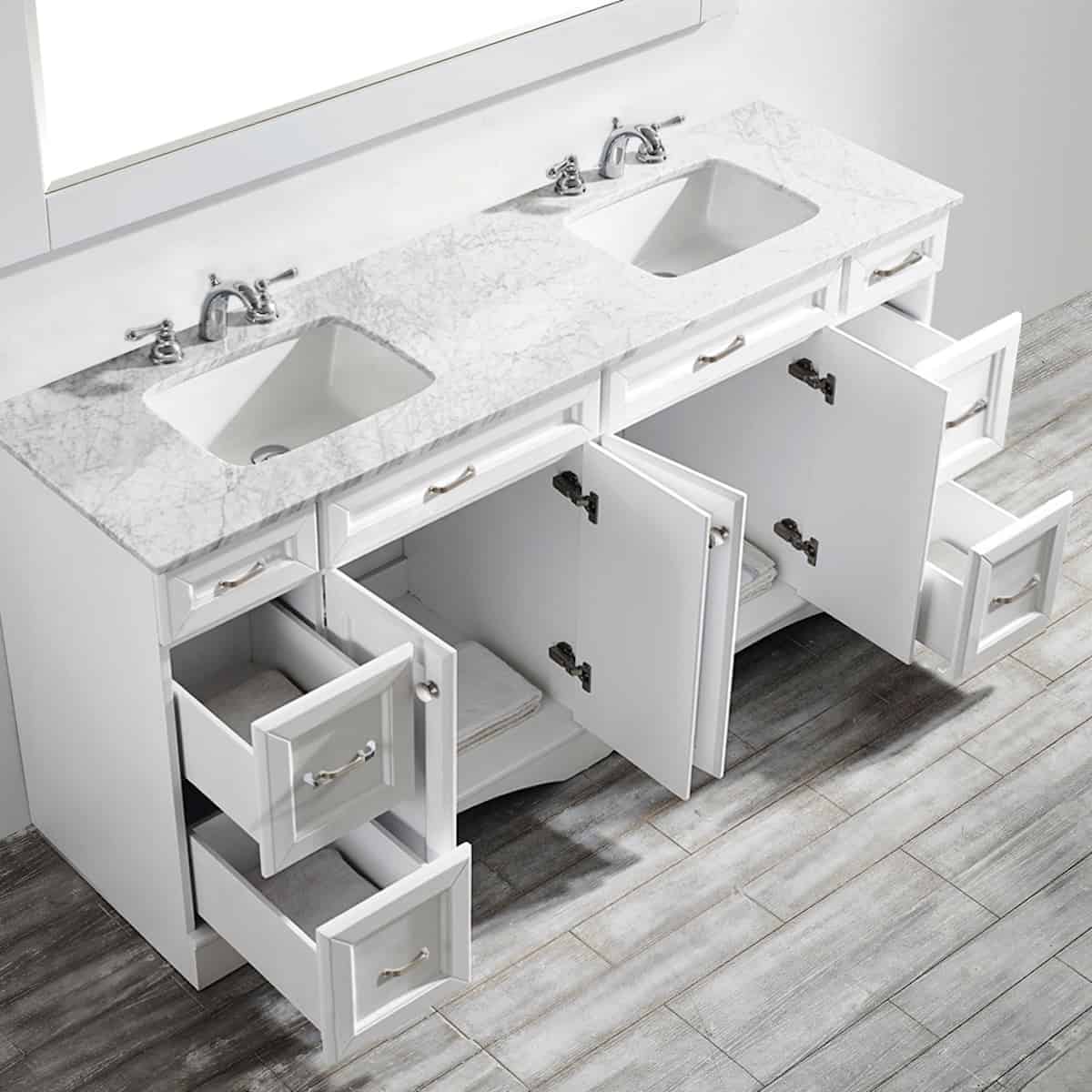 Vinnova Naples 72 Inch White Freestanding Double Vanity with Carrara White Marble Countertop With Mirror Inside 710072-WH-CA