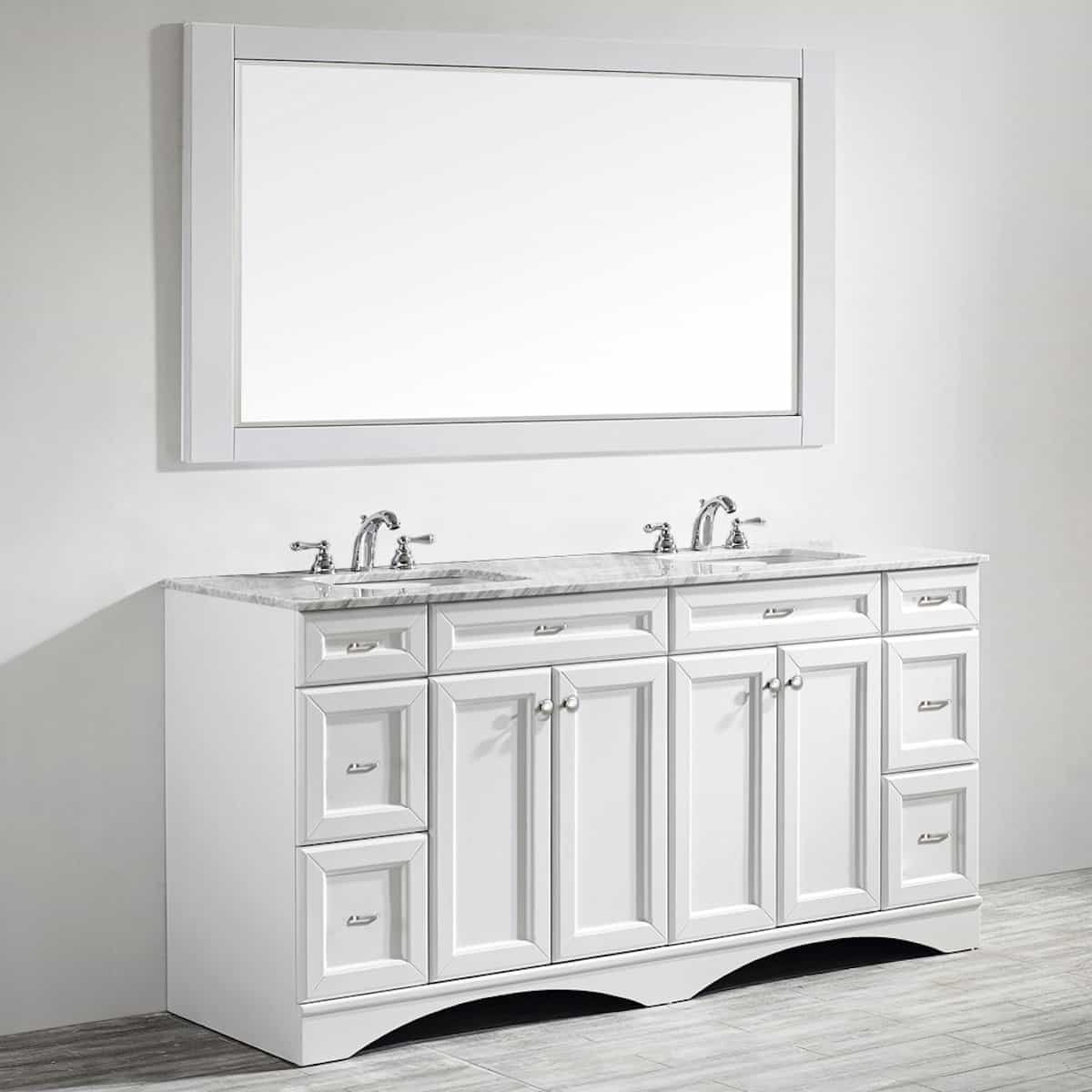Vinnova Naples 72 Inch White Freestanding Double Vanity with Carrara White Marble Countertop With Mirror Left Side 710072-WH-CA