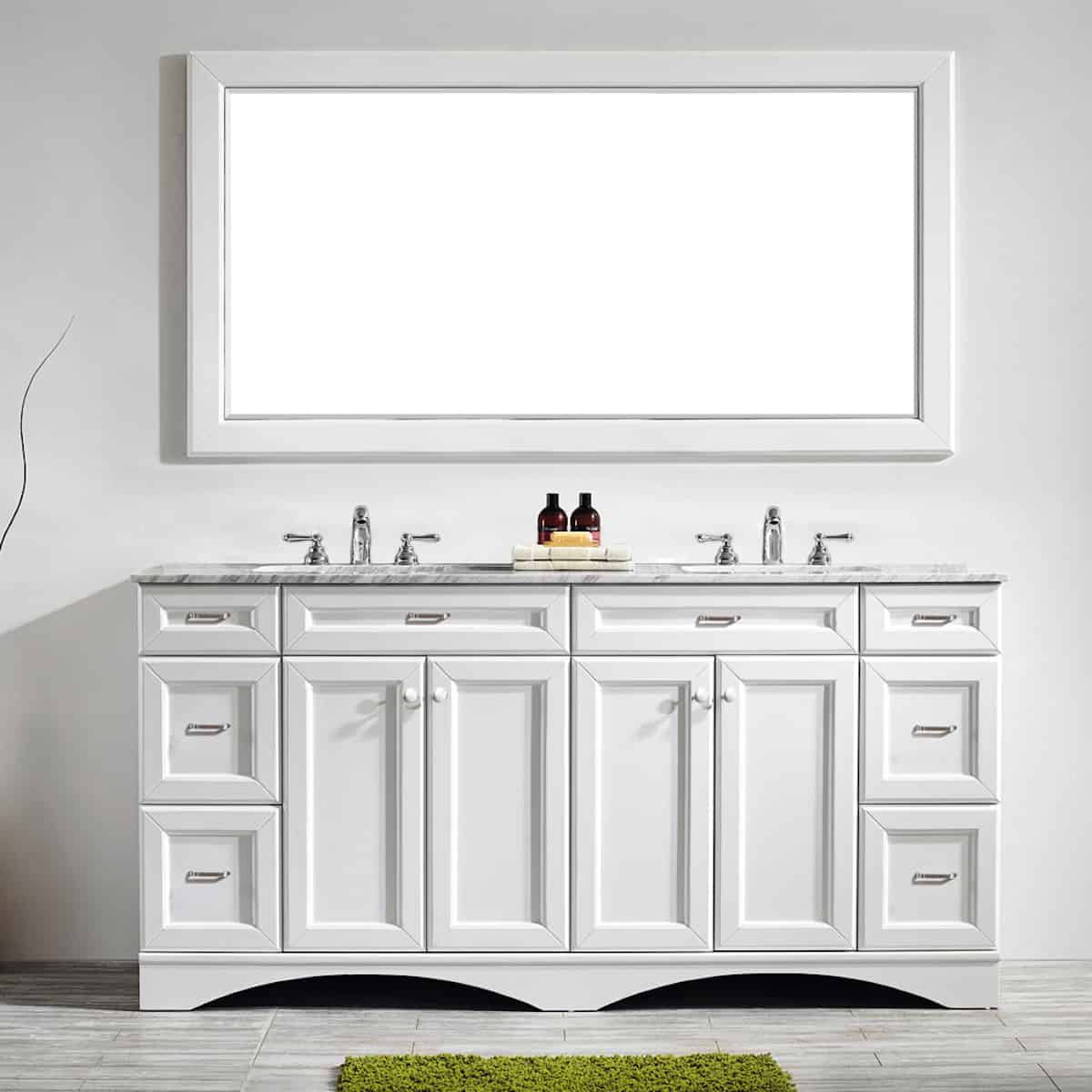 Vinnova Naples 72 Inch White Freestanding Double Vanity with Carrara White Marble Countertop With Mirror in Bathroom 710072-WH-CA