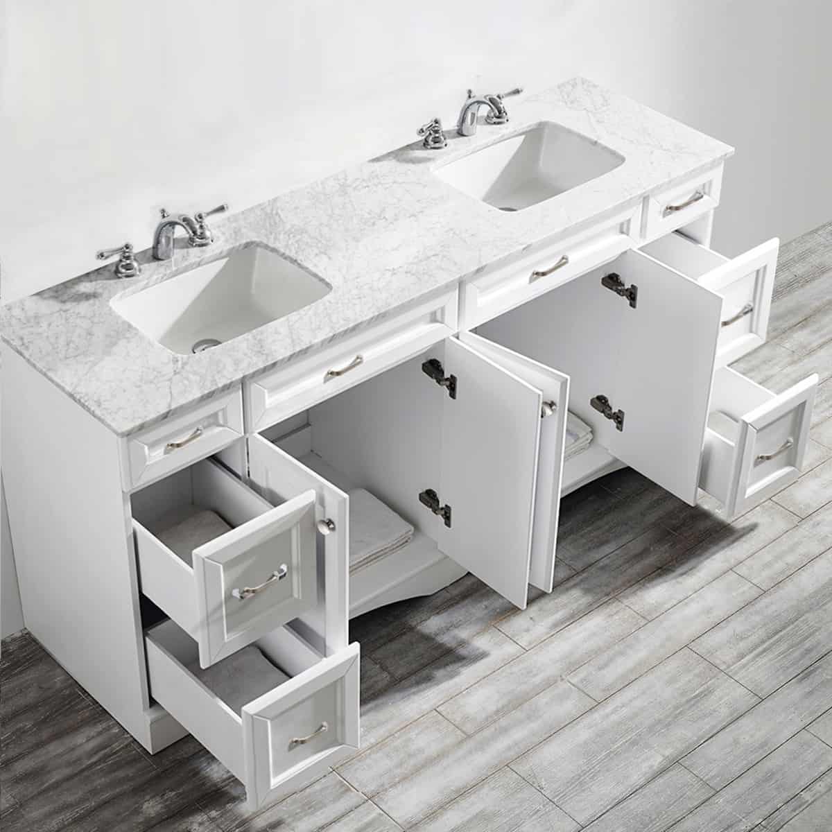 Vinnova Naples 72 Inch White Freestanding Double Vanity with Carrara White Marble Countertop Without Mirror Inside 710072-WH-CA-NM