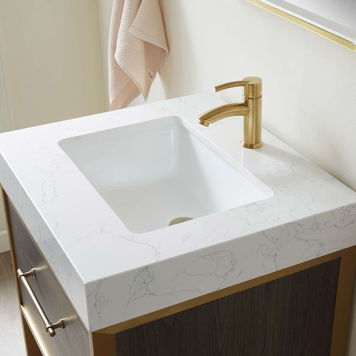 Vinnova Palma 24 Inch Freestanding Single Sink Bath Vanity in Suleiman Oak With White Composite Grain Stone Countertop With Mirror Sink 701224G-SO-GW