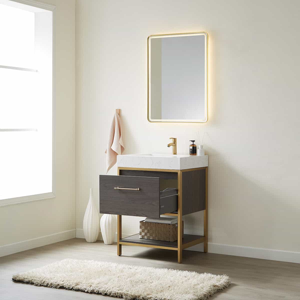 Vinnova Palma 24 Inch Freestanding Single Sink Bath Vanity in Suleiman Oak With White Composite Grain Stone Countertop With Mirror Drawer 701224G-SO-GW