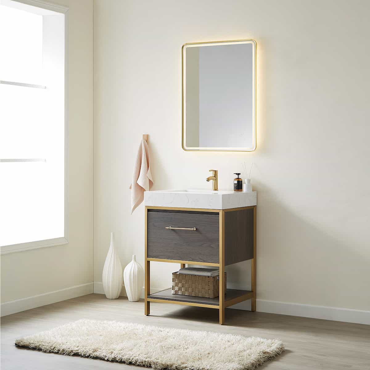 Vinnova Palma 24 Inch Freestanding Single Sink Bath Vanity in Suleiman Oak With White Composite Grain Stone Countertop With Mirror Side 701224G-SO-GW
