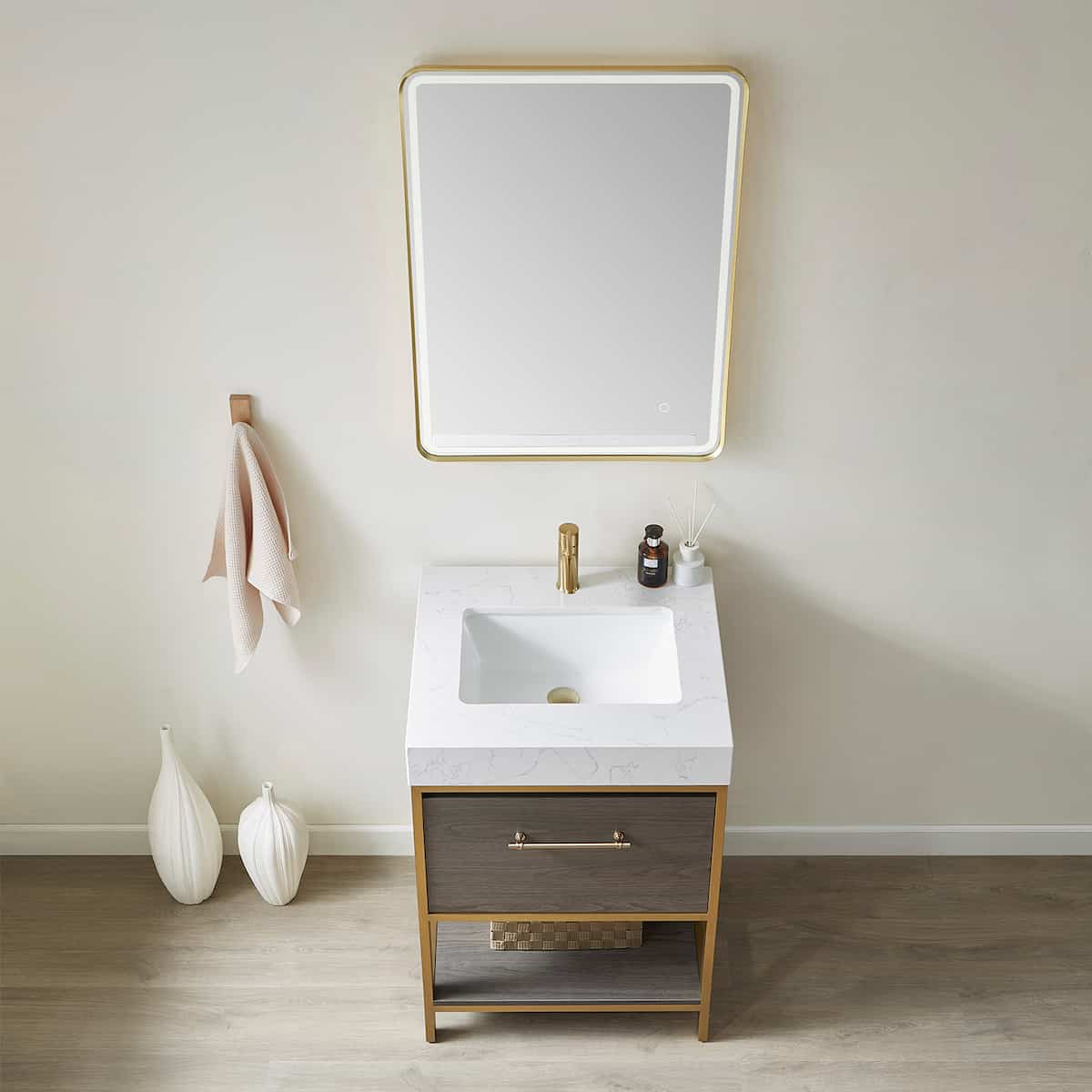 Vinnova Palma 24 Inch Freestanding Single Sink Bath Vanity in Suleiman Oak With White Composite Grain Stone Countertop With Mirror Sink 701224G-SO-GW