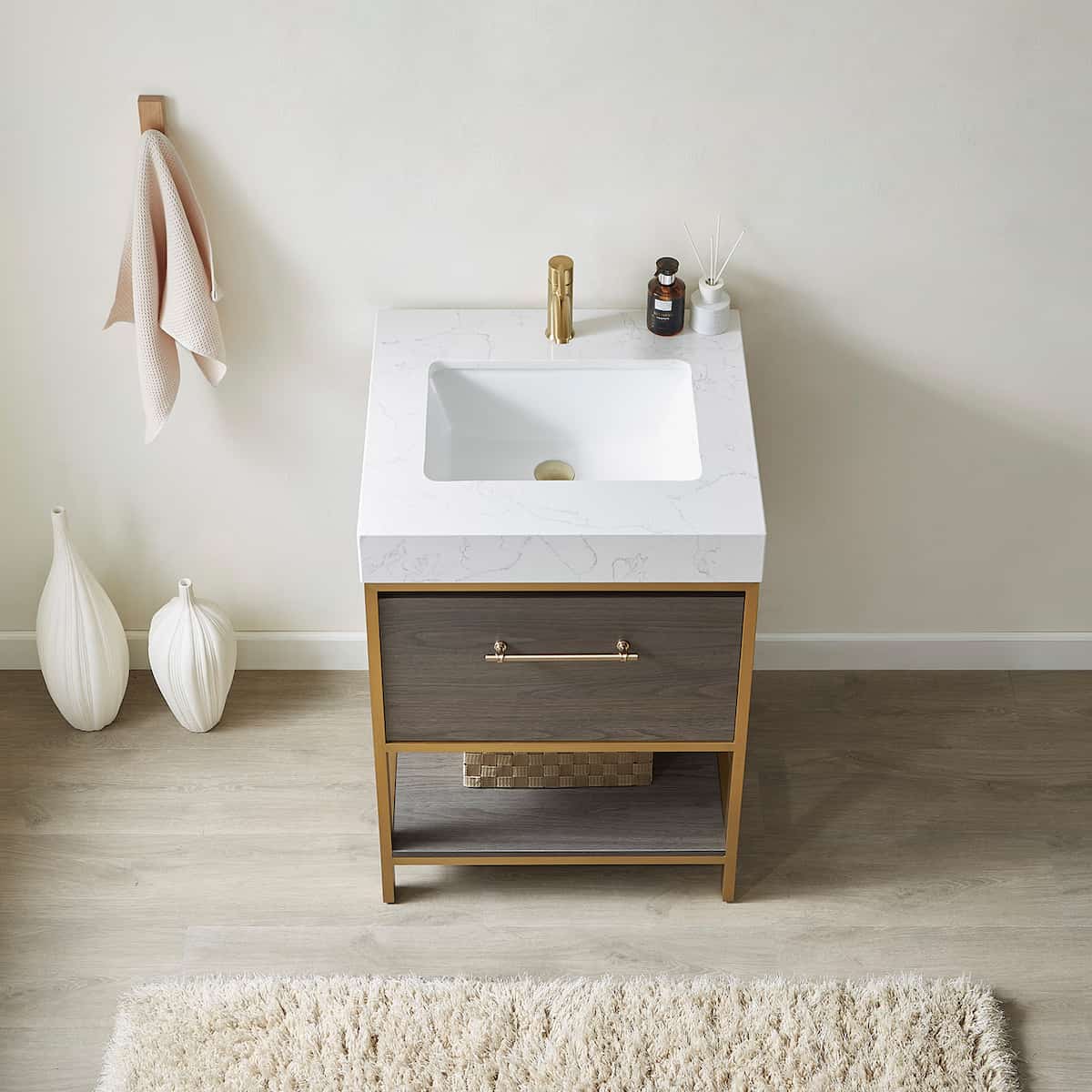 Vinnova Palma 24 Inch Freestanding Single Sink Bath Vanity in Suleiman Oak With White Composite Grain Stone Countertop Without Mirror Sink 701224G-SO-GW-NM