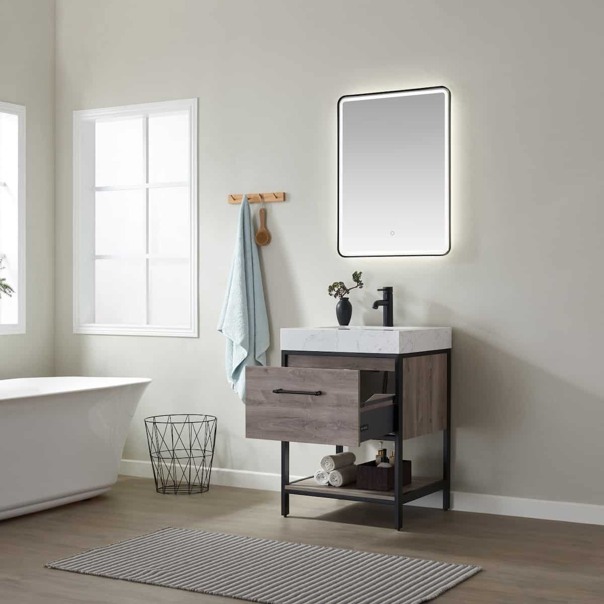 Vinnova Palma 24 Inch Freestanding Single Vanity In Mexican Oak with White Composite Grain Stone Countertop With Mirror Drawer 701224-MXO-GW