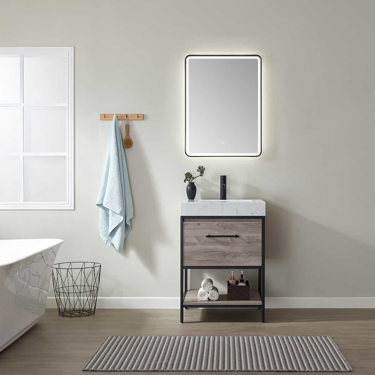 Vinnova Palma 24 Inch Freestanding Single Vanity In Mexican Oak with White Composite Grain Stone Countertop With Mirror in Bathroom 701224-MXO-GW
