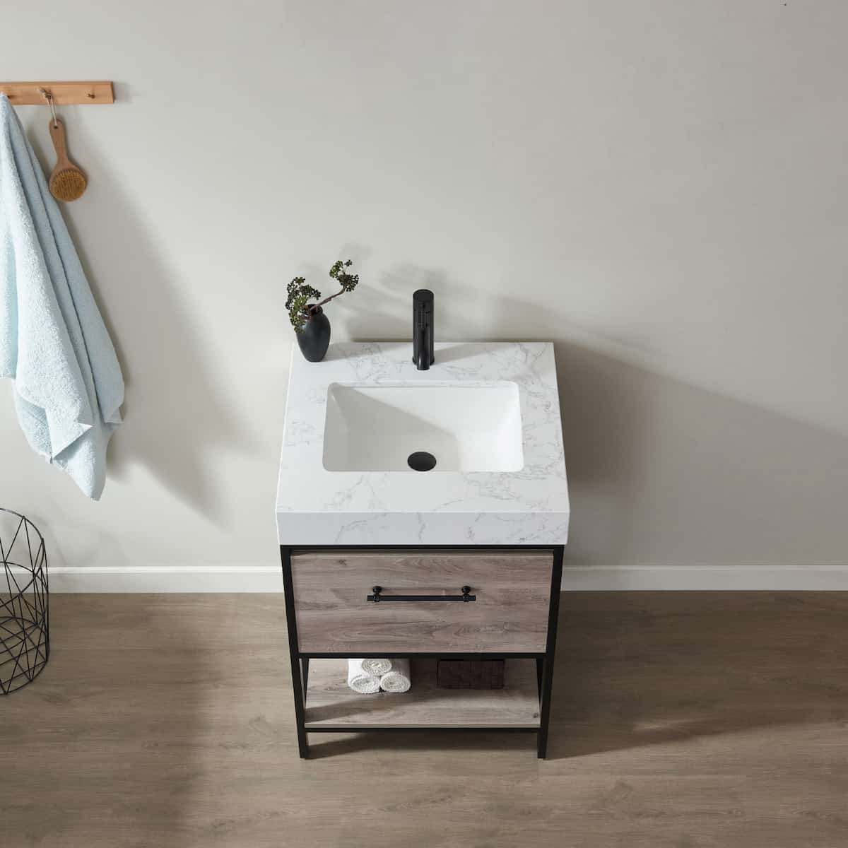 Vinnova Palma 24 Inch Freestanding Single Vanity In Mexican Oak with White Composite Grain Stone Countertop Without Mirror Sink 701224-MXO-GW-NM