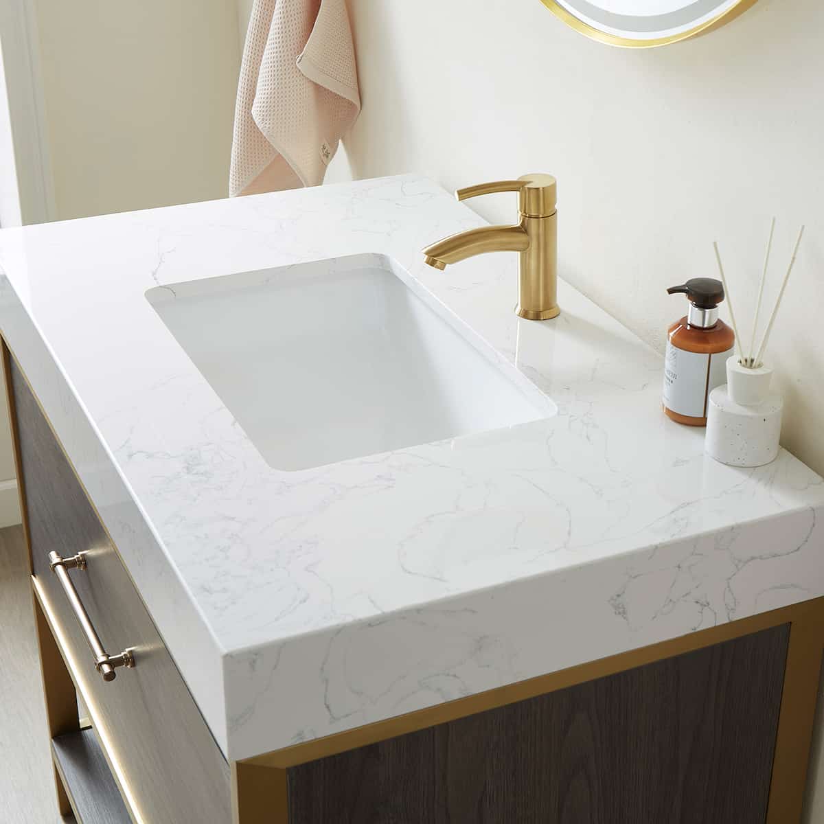 Vinnova Palma 36 Inch Freestanding Single Sink Bath Vanity in Suleiman Oak With White Composite Grain Stone Countertop With Mirror Counter Top 701236G-SO-GW