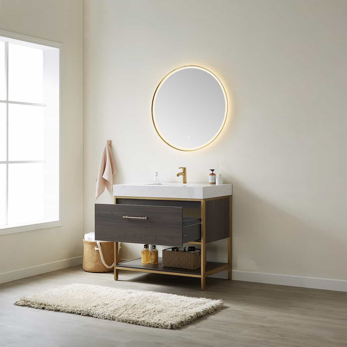 Vinnova Palma 36 Inch Freestanding Single Sink Bath Vanity in Suleiman Oak With White Composite Grain Stone Countertop With Mirror Drawer 701236G-SO-GW